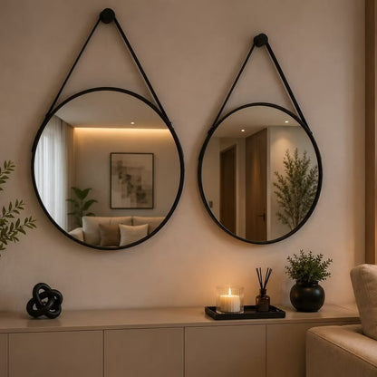 Espelho Adnet Redondo 60cm – Couro e Suporte – Brivar Decor