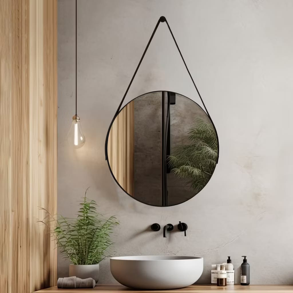Espelho Adnet Redondo 60cm – Couro e Suporte – Brivar Decor