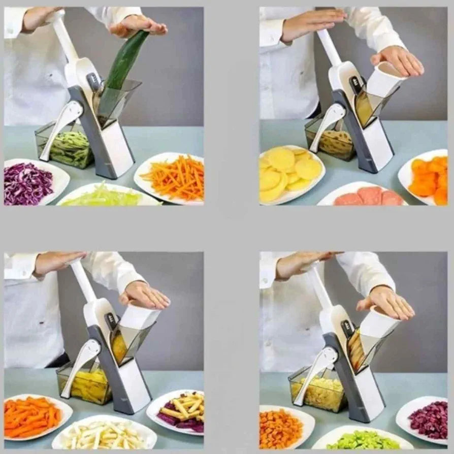 Pessoa usando ralador manual branco para fatiar pepino, batata e legumes em diferentes formatos