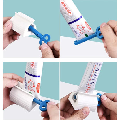 Dispositivo branco com chave azul para espremer tubos de pasta de dente, mostrando o uso passo a passo