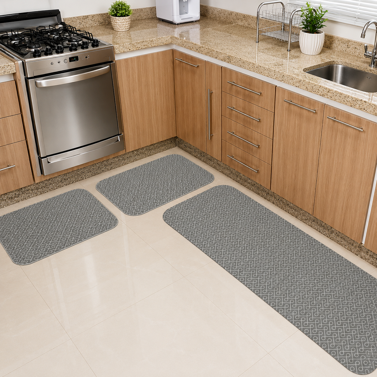 Conjunto 3 Tapetes de Cozinha Antiderrapante Estampado