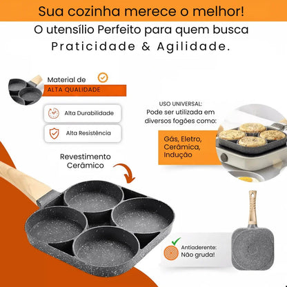 Frigideira 4 buracos com revestimento cerâmico antiaderente para fogões gás, elétrico e indução