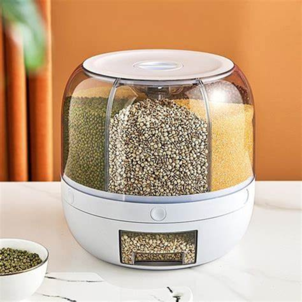 Dispenser transparente com divisórias para grãos, contendo diferentes tipos de sementes coloridas na cozinha