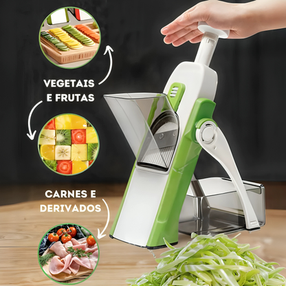 Mandoline de cozinha verde e branca fatiando legumes em tiras, utensílio para vegetais, frutas e carnes