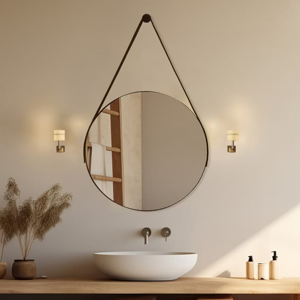 Espelho Adnet Redondo 60cm – Couro e Suporte – Brivar Decor