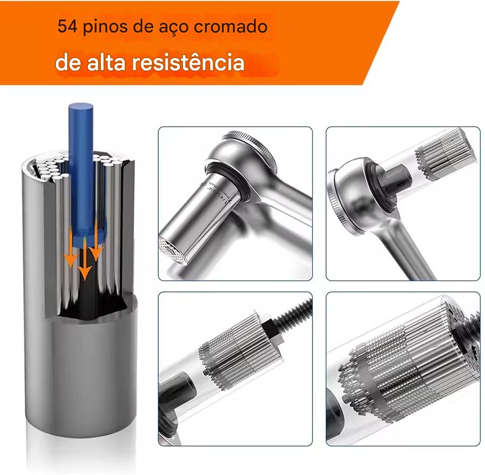 Ilustração de pinagem interna com 54 pinos de aço cromado e ferramentas de alta resistência em metal cromado