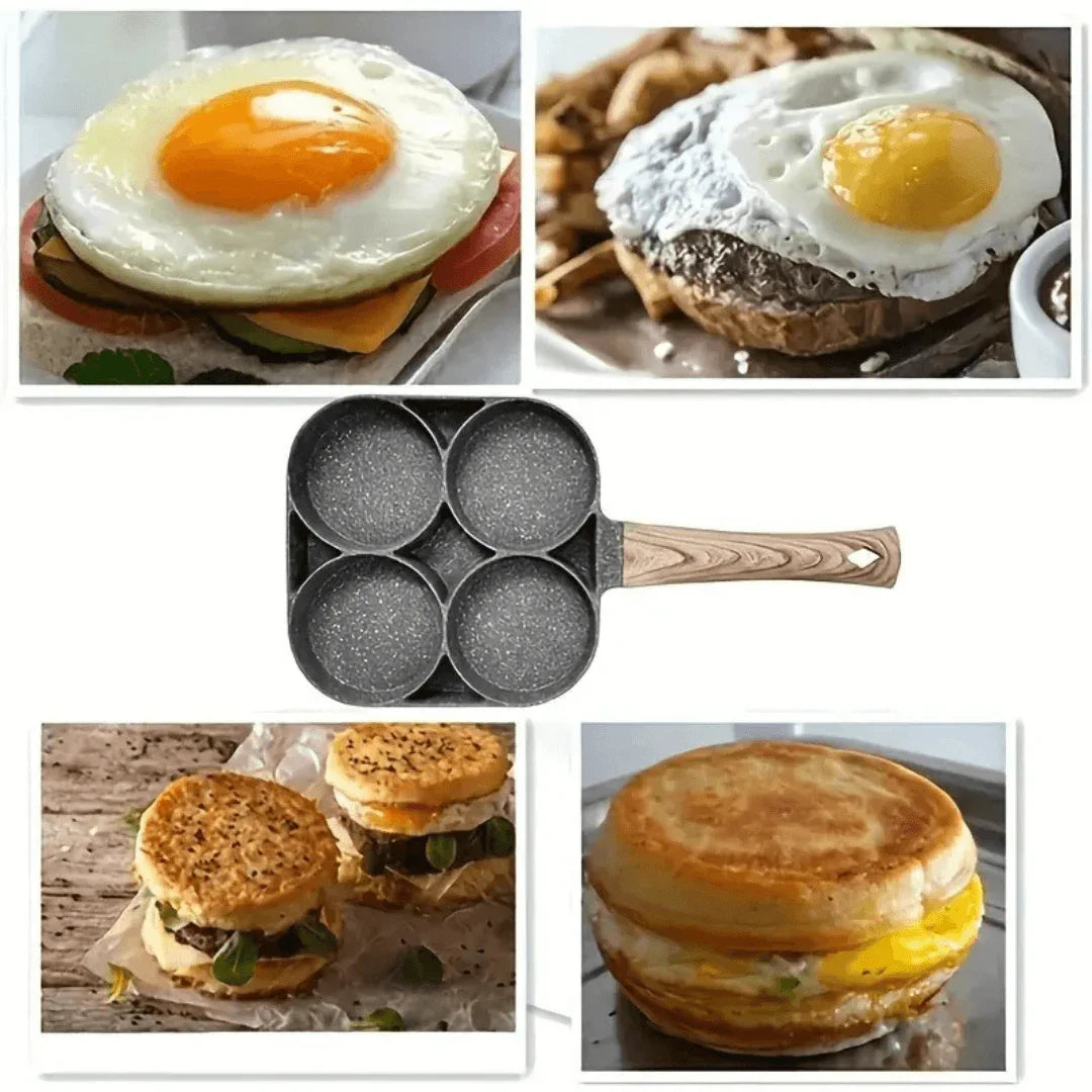 Frigideira antiaderente com quatro divisórias para ovos e sanduíches, com fotos de sanduíches e ovos fritos ao redor