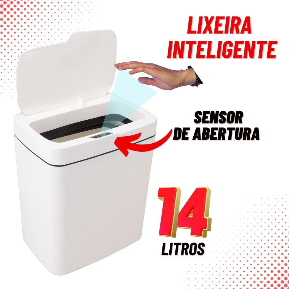 Lixeira inteligente branca de 14 litros com sensor de abertura automático e tampa aberta