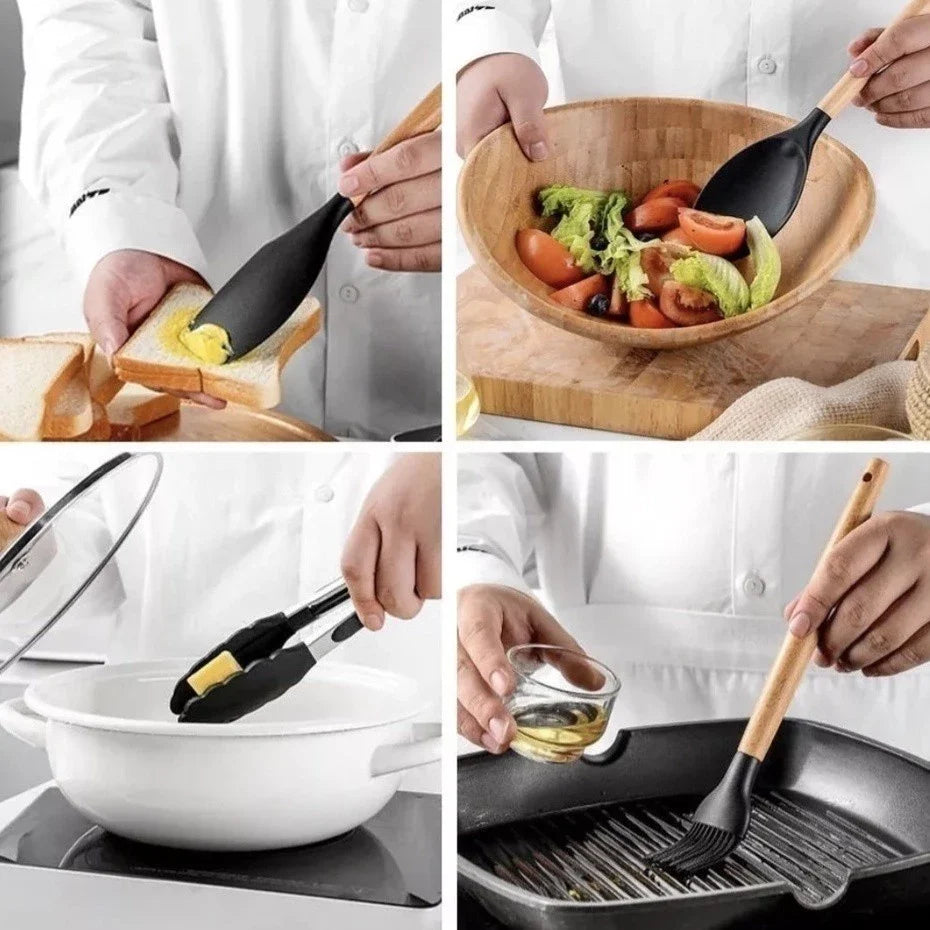 Utensílios de cozinha com cabo de madeira para passar manteiga, preparar salada, cozinhar e untar grelha