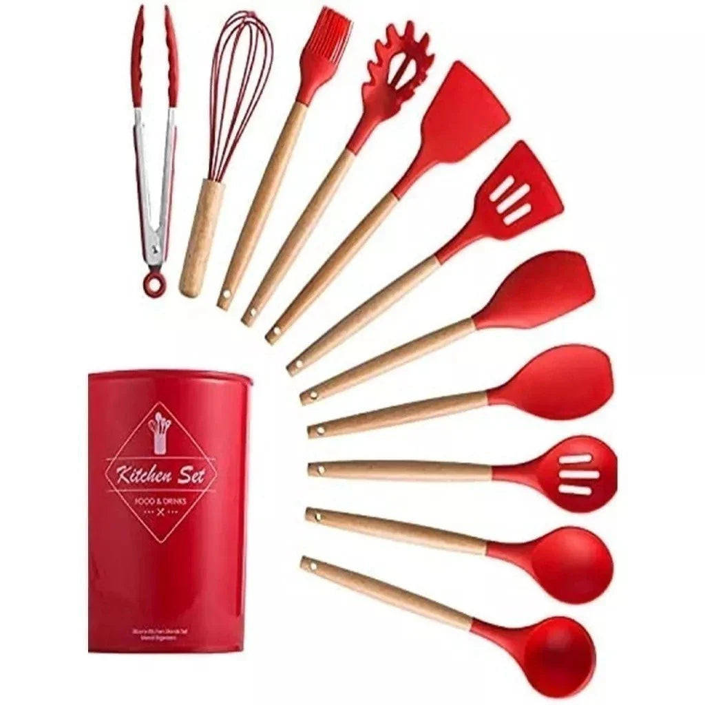 Kit utensílios de cozinha vermelhos com cabo de madeira e porta em vermelho