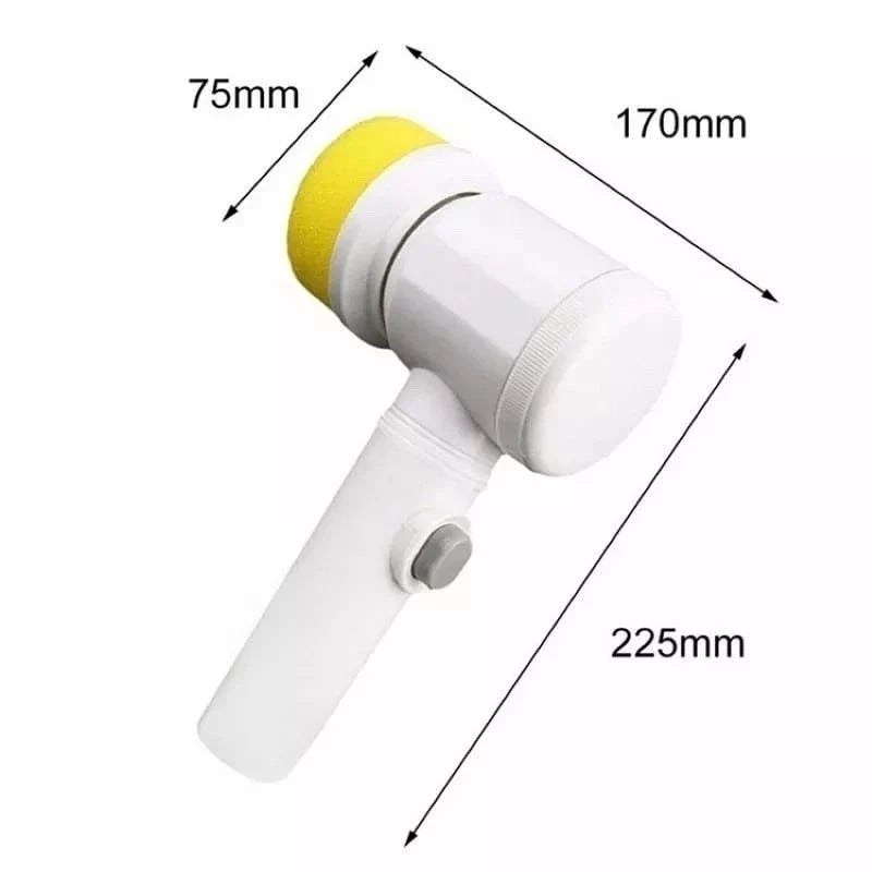 Massageador elétrico portátil branco com esponja amarela, dimensões marcadas em milímetros
