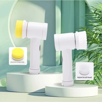 Escova elétrica de limpeza facial branca com cabeças de escova de esponja amarela e nylon sobre pedestais brancos
