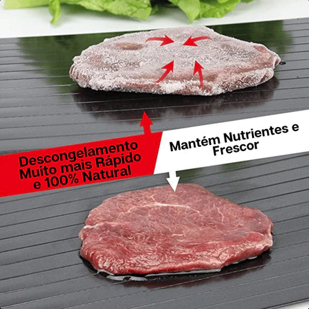 Carne congelada e descongelada em superfície preta com texto sobre descongelamento rápido e natural e preservação de nutrientes