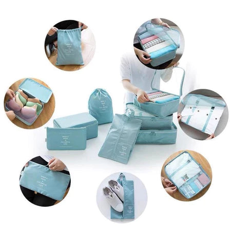 Organizadores de viagem azuis para roupas, sapatos e acessórios, destacando bolsas com zíper e design compacto