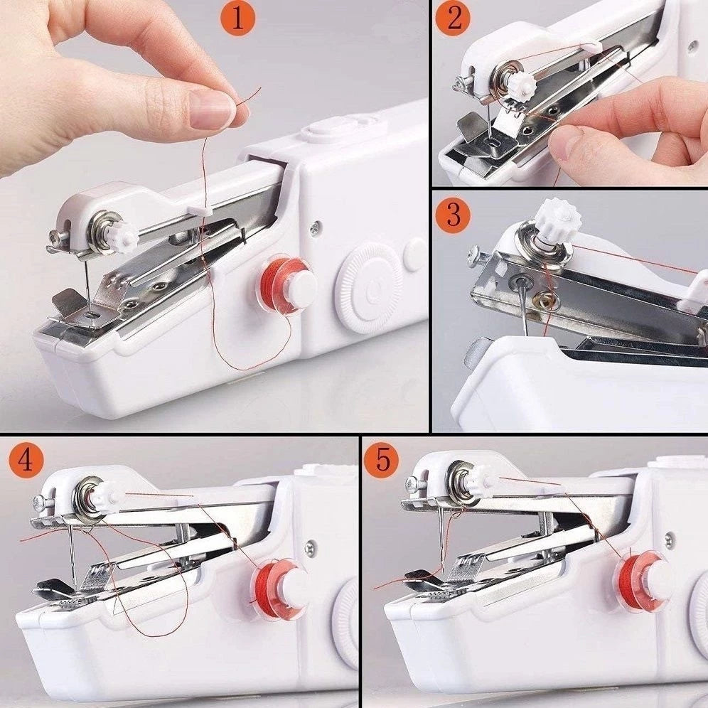 Instruções passo a passo para enfiar agulha em mini máquina de costura branca portátil