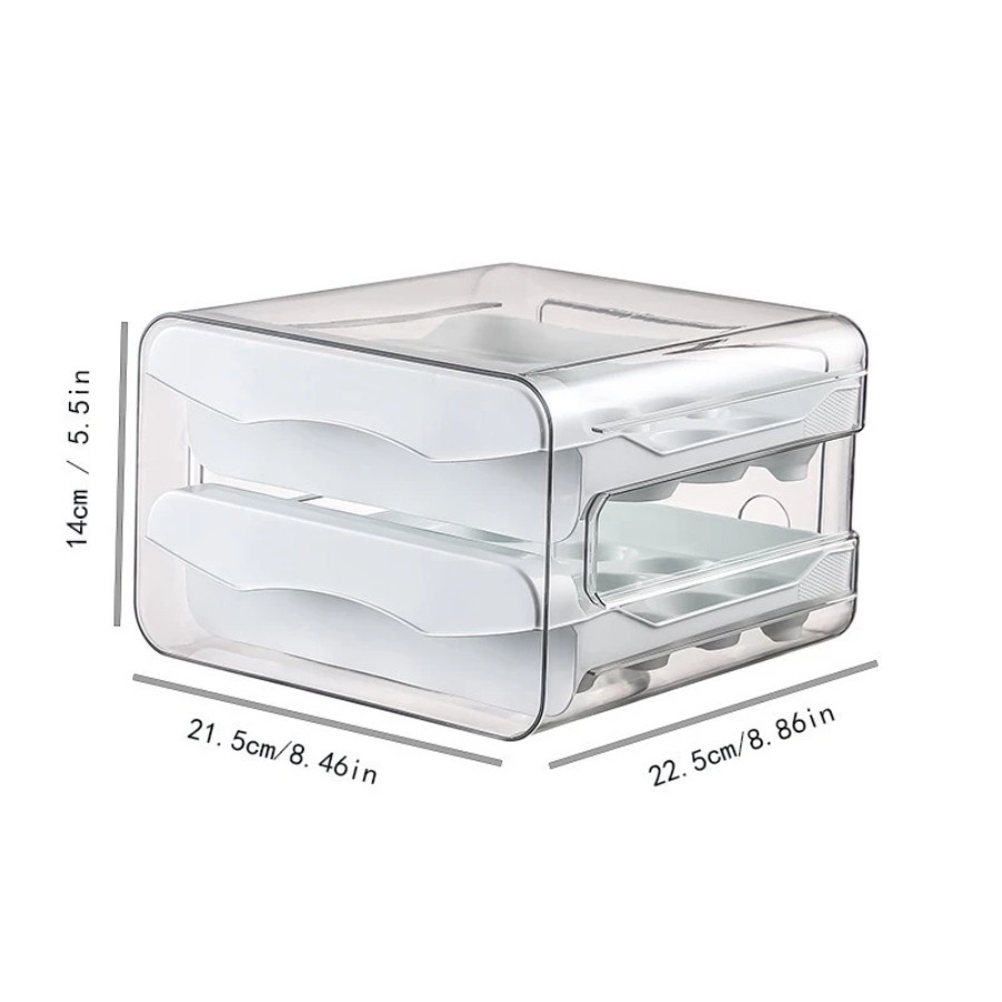 Organizador transparente com duas bandejas brancas deslizantes, dimensões 22,5x21,5x14 cm