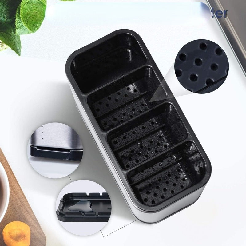 Organizador de talheres de cozinha preto com compartimentos perfurados para secagem eficiente