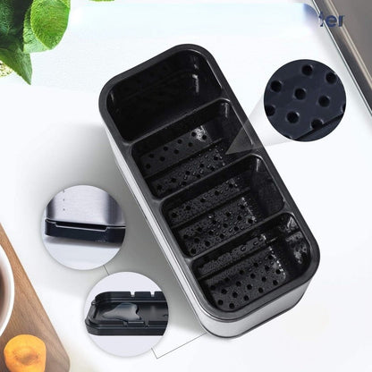 Organizador de talheres de cozinha preto com compartimentos perfurados para secagem eficiente