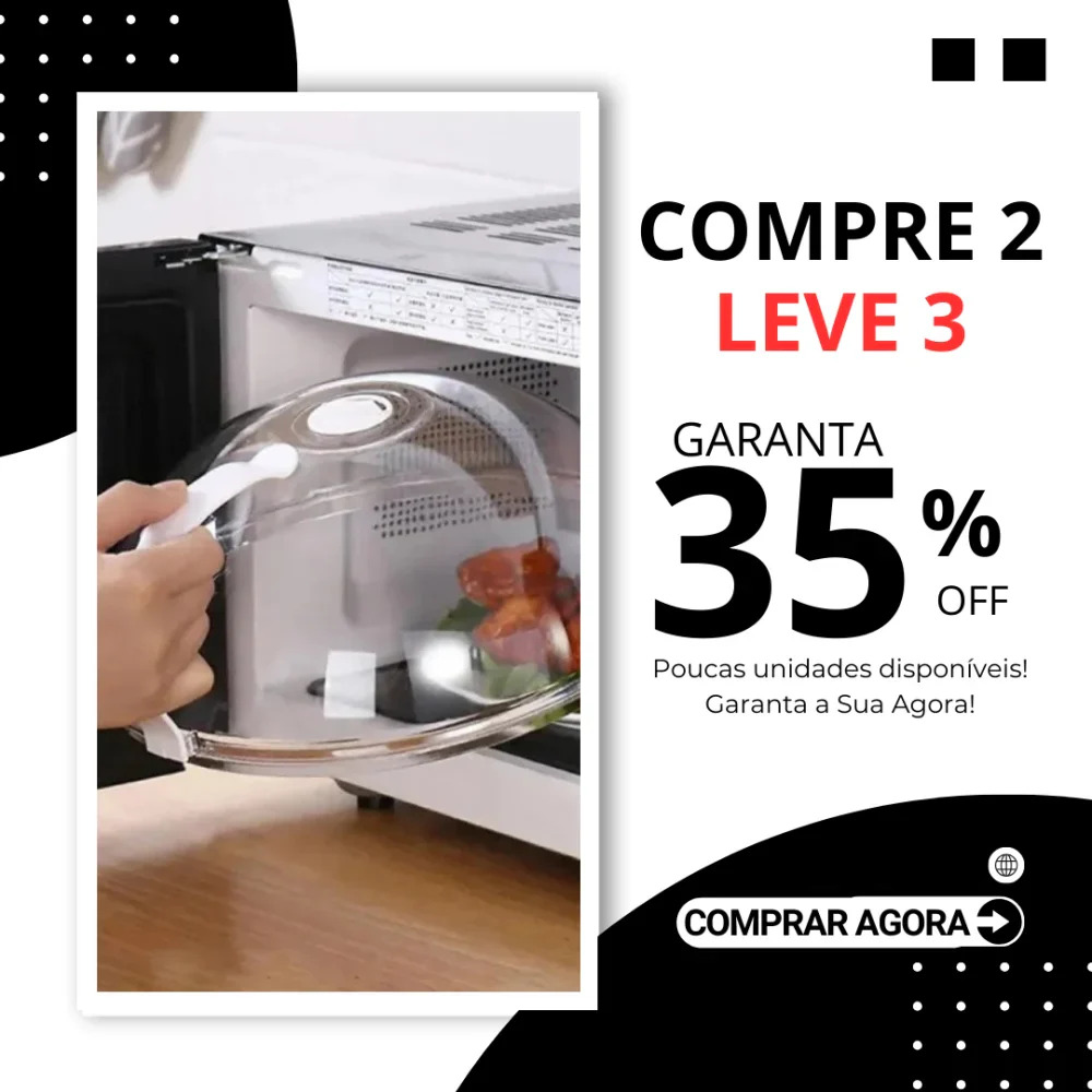 Tampa anti respingos transparente com saída de vapor para micro-ondas, com prato de comida dentro