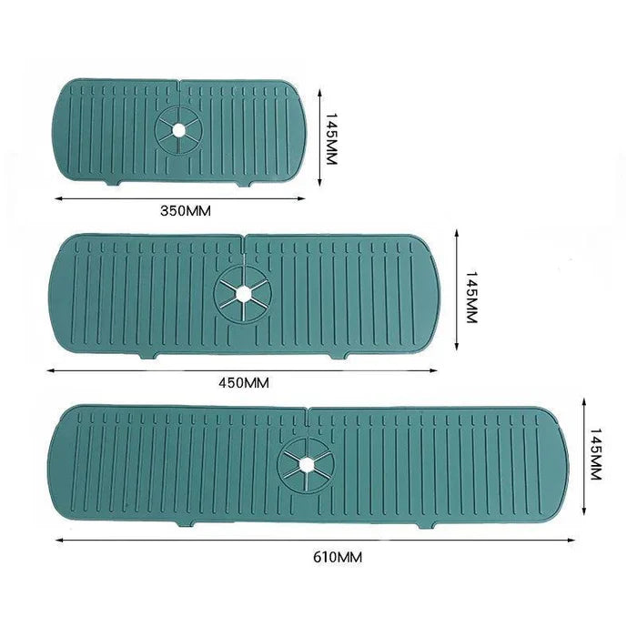 Tapete protetor de pia verde com furos centrais, disponível em três tamanhos: 350mm, 450mm e 610mm de comprimento