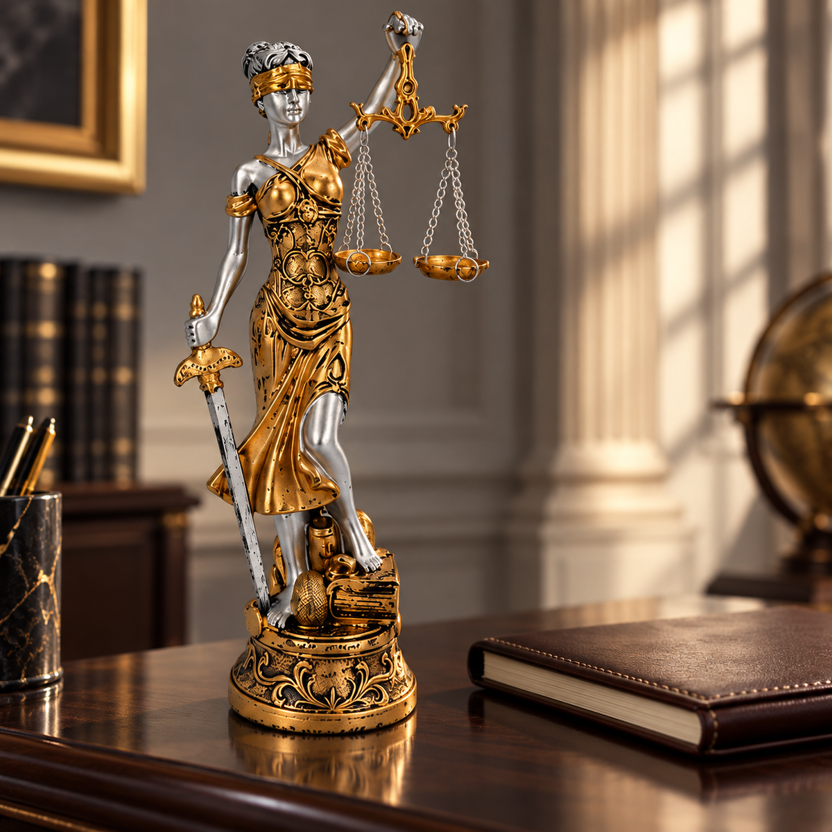 Detalhe da balança espada e acabamento da Themis