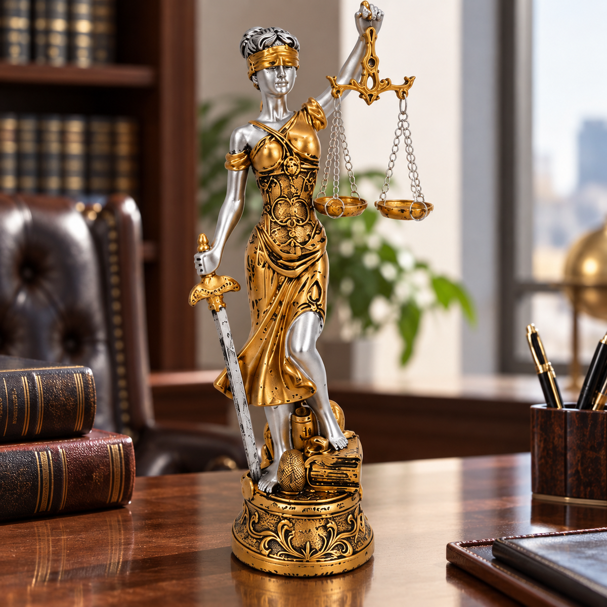 Estátua Themis dourada e prateada em escritório jurídico