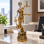 Estátua Themis em escritório moderno