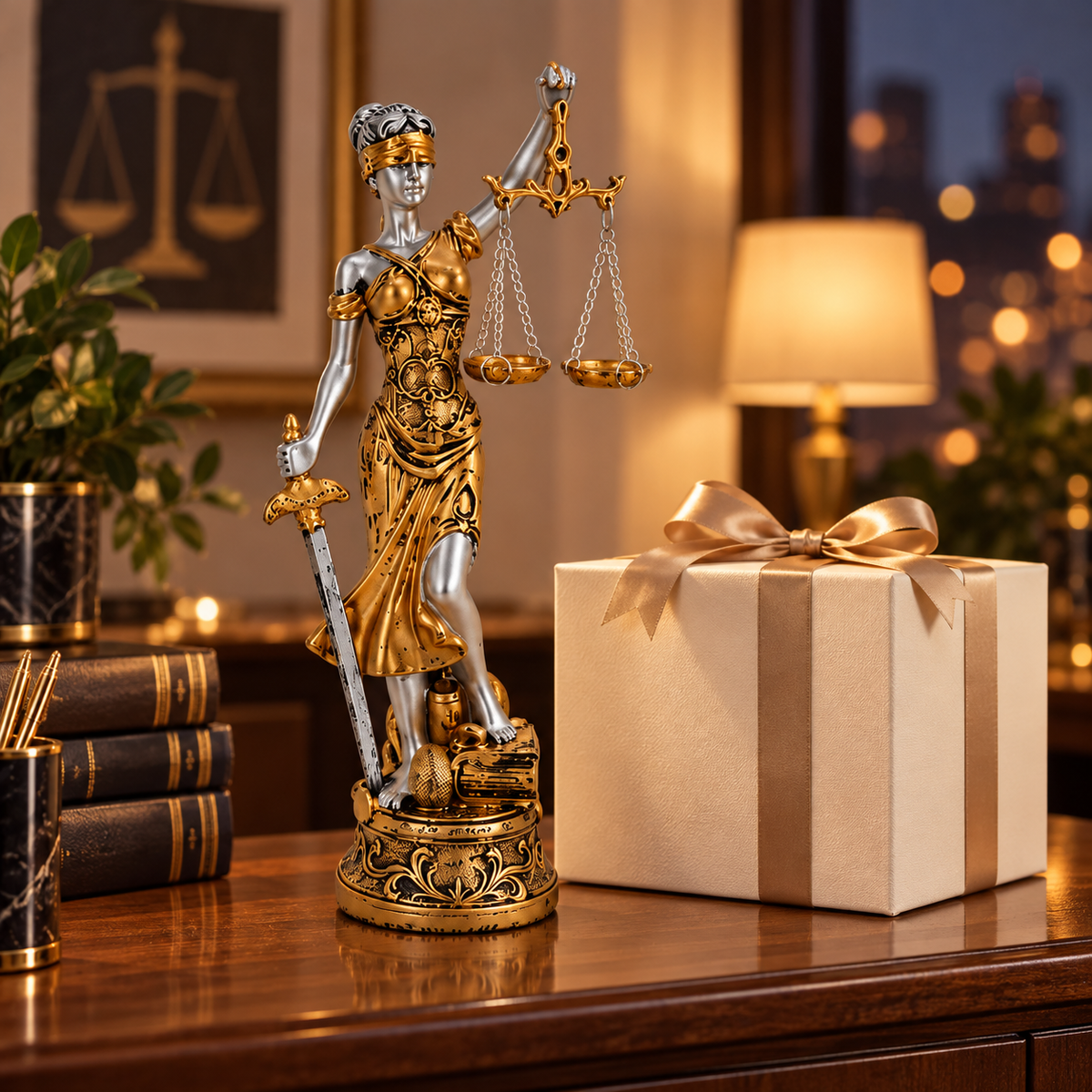 Estátua Themis em composição para presente