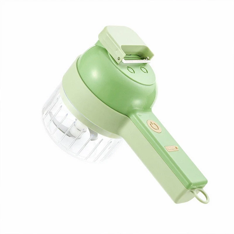 Triturador de alimentos manual verde com lâminas de aço inox e botão liga/desliga