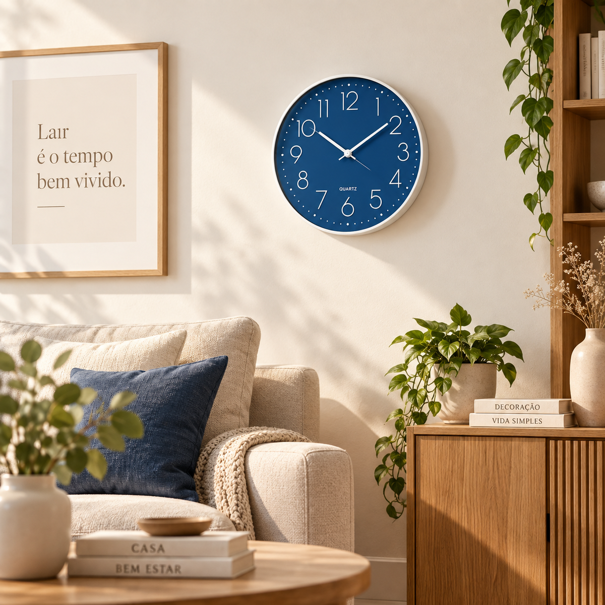 Relógio Verona Azul 25cm em sala ampla com marca Quartz