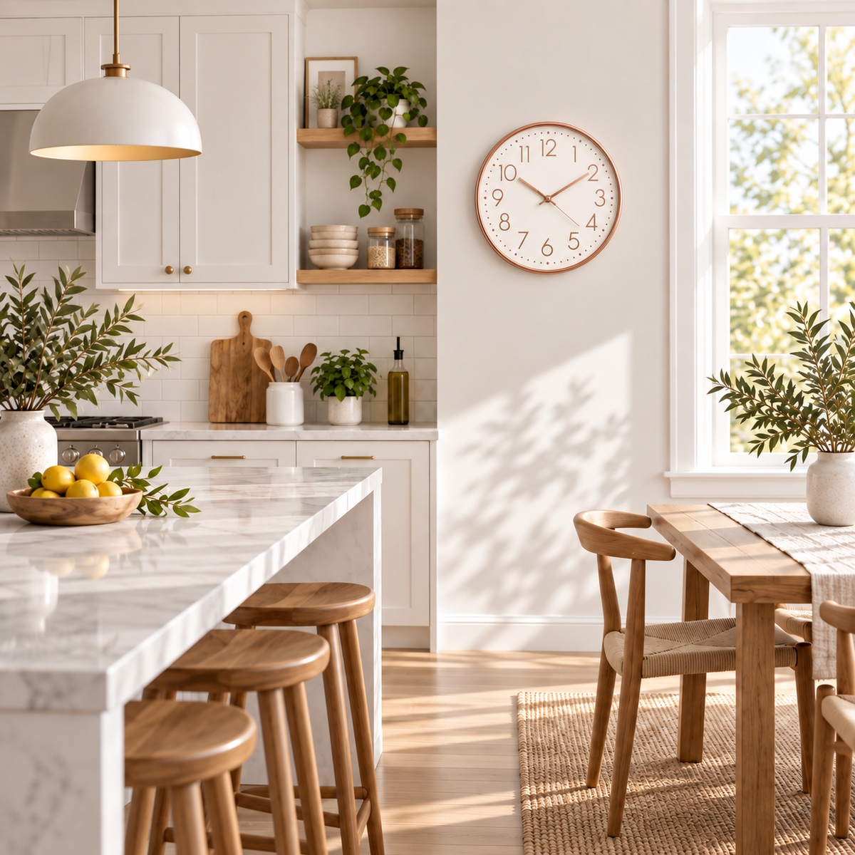 Relógio Verona Rosé Gold em cozinha clara, visto de longe