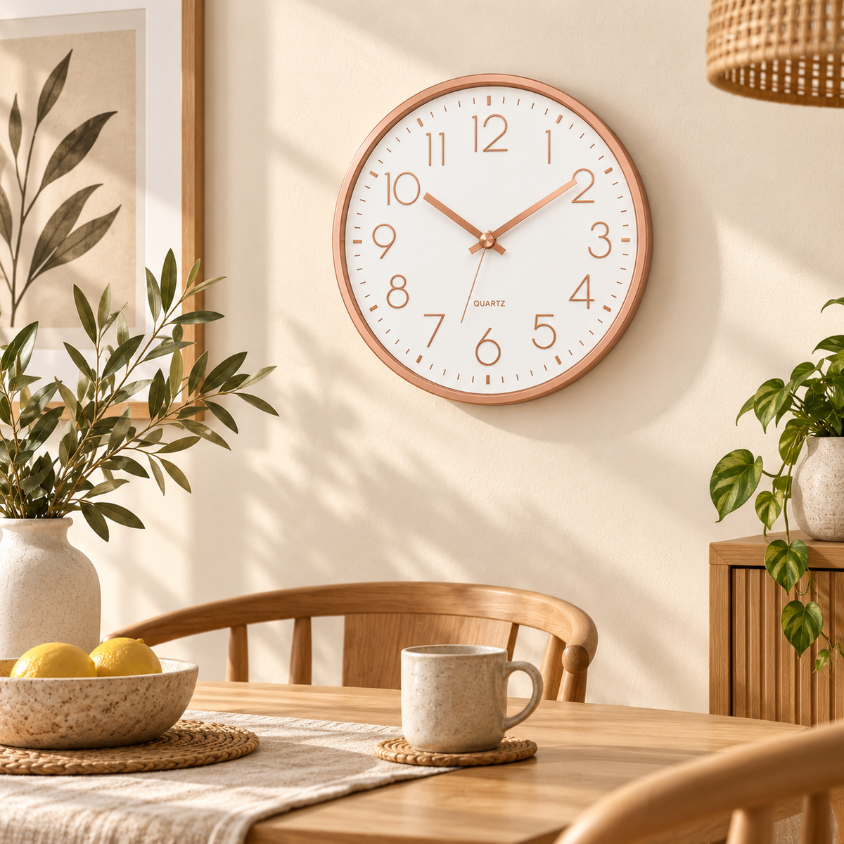 Relógio Verona Rosé Gold 25cm em ambiente de jantar